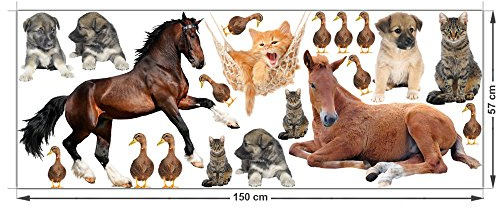 GRAZDesign Wandtattoo Kinderzimmer Tiere Set Pferde Hunde Enten Katzen (150x57cm)