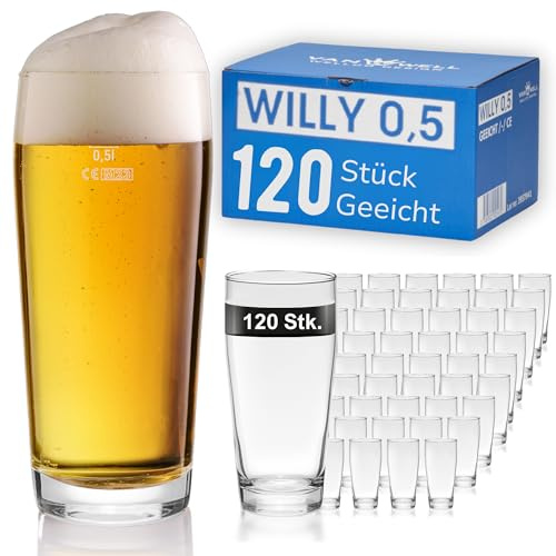 Van Well Willibecher 0,5l 120 Stk - Premium Biergläser 0,5 Liter - Robustes Bierglas, Spülmaschinengeeignet, Geeicht - Pint Gläser in Gastronomiequalität - Trinkglas 500 ml für Gastronmie und Zuhause
