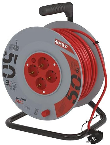 EMOS - Tambor de Cable de 50m - 4 enchufes Schuko - 230 V, 16 A, 3680 W - Aislamiento PVC H05VV-F3G 1,5 mm2 - Protección contra sobrecalentamiento - IP20 para Interiores