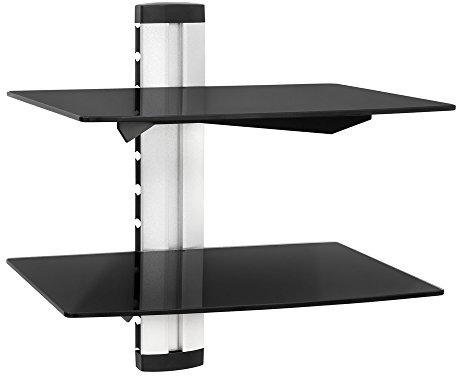 tectake® TV Wandregal, schwebendes Regal, 2X Sicherheitsglas Regalbrett für DVD Player, Receiver, Beamer Halterung, Wandboard 44 x 42 x 34 cm, Wand Regal mit integrierter Kabelführung