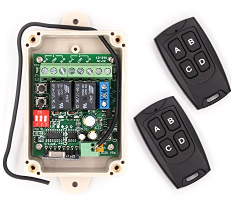 Solidremote 12V - 24V Secure Wireless RF Remote Control Relay Switch Universal 2-Channel Receiver with 2 Transmitters for Garage Door Openers, LED Lights etc (KIT-1)