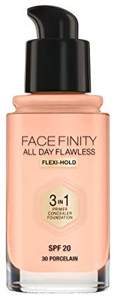 Max Factor Facefinity All Day Flawless 3 in 1 Foundation in Porcelain 30 – Primer, Concealer & Foundation in einem – Für ein perfekt mattiertes Finish – 1 x 30 ml