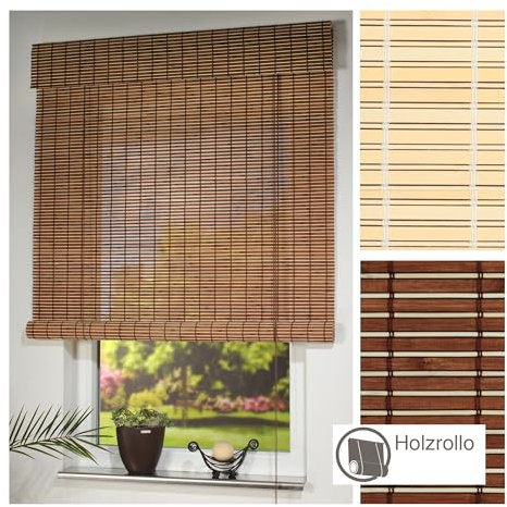 Liedeco Rollo Holz mit Seitenzug, Holzrollo für Fenster und Tür braun B 100 cm x L 170 cm