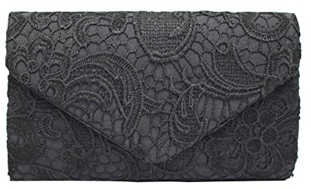 PB-SOAR Elegant Damentasche Clutch Abendtasche Brauttasche Umhängetasche Handtasche mit Spitze, 8 Farben auswählbar (Schwarz)