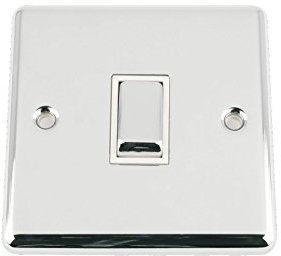 A5 Light Switch Single 1 Gang Polished Chrome Classic - White Insert - Metal Rocker Switches - 10A 1 Gang 2 Way