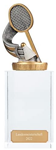 Pokal, Trophäe Federball/Badminton mit Glassockel 18cm hoch Größe L mit Gravur
