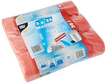 Papstar 1 Karton = 5x75 Müllbeutel zum Zuziehen, HDPE 30 l 70 cm x 55 cm rot 12417