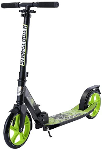 STAR SCOOTER Aluminium Kickscooter Roller Kinderroller Tretroller für Jungen und Mädchen ab 6-7 Jahre | Big 205mm Wheel Cruiser Scooter für Kinder und Erwachsene | Schwarz & Grün
