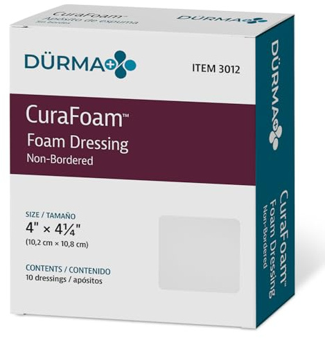 Dynarex Dürma+ CuraFoam Foam Dressings - Sterile Non Adhesive Wound Pads, Highly Absorbent - Provides Moist Cushioned Healing Environment - 4 x 4 1/4 - 1 Box of 10