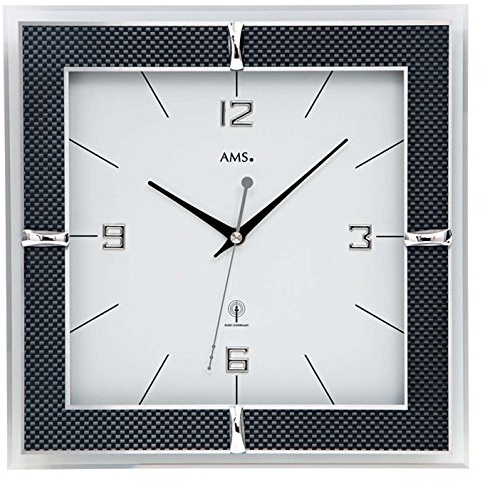 design Wanduhr 5855 von AMS moderne Funkuhr Schwarz Weiß Zeiger Carbon Aluminium