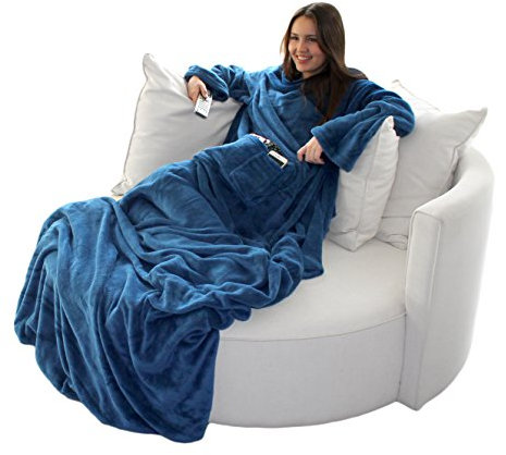 Brandsseller Manta gustosa con Mangas, Efecto Cachemir, Bolsillo para los pies y 2 Bolsillos para teléfono/Mando a Distancia y Mucho más, 170x200cm, Azul