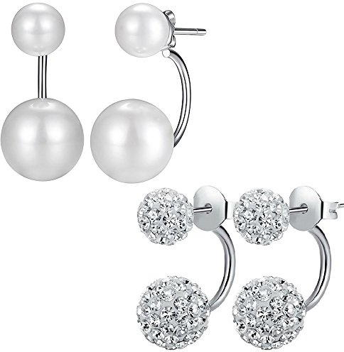 Kim Johanson Damen Doppel Ohrringe Set Fusion aus 925 Sterling Silber mit Perlen & Shamballa Kugeln inkl. Schmuckbeutel