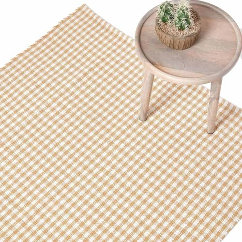 Homescapes Karo-Teppich beige, Flachweb-Teppich 60x90 cm, Baumwoll Landhaus-Karo, Handwebteppich