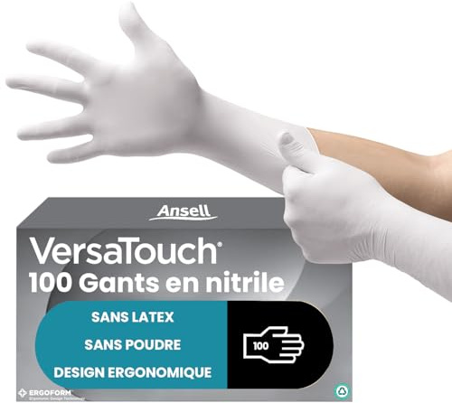 Ansell VersaTouch 92-205 Guantes Nitrilo Desechables, Multiuso, Alimentos, Cocina, Limpieza, Mecanico, Sin Polvo, Blancos, Talla S (100 Guantes)