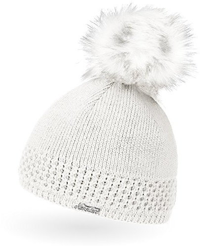 Neverless® Damen Strickmütze mit Stickmuster-Mix Feinstrickmütze gefüttert Fleecefutter mit Bommel aus Fake Fur Wintermütze Weiss Unisize