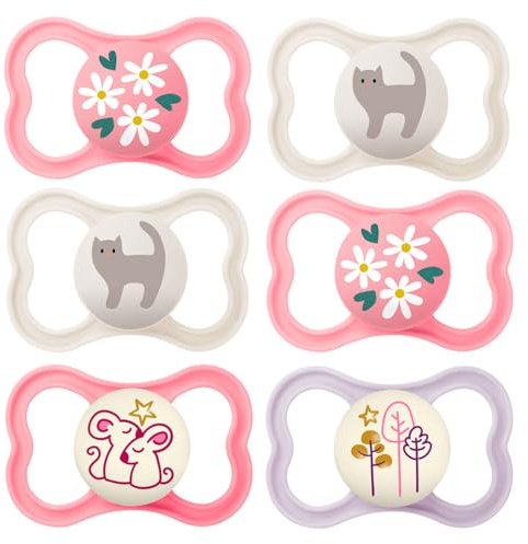 MAM Day & Night MAM Air Silikon Schnuller 6-16 Mo. // MAM Air Night Girl // 6er Set // inkl. 3 Sterilisiertrasportboxen