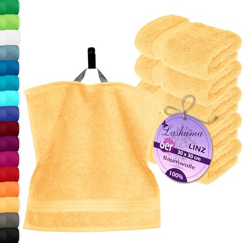 Lashuma Linz Waschlappen Frottee 30x30 cm, 6er Handtücher Set flauschig, Seiftücher Premium Aprikose Gelb