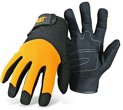 Cat® CAT012215L Spandex Back Gloves – Yellow/Black, Large, Padded Synthetic Leather Palm Gloves with Mesh Upper Back