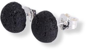 Budawi® Schwarze Lava Ohrstecker 8 mm Cabochon mit 925er Silber Stift Schraubverschluss Paar in Organzasäckchen