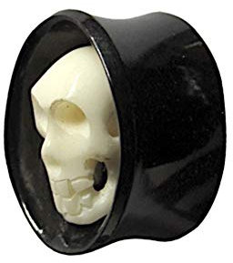 CHICNET Horn Plug oval Totenkopf Bone Inlay schwarz weiß Flesh Tunnel Organic Expander Tribal Piercing 10 mm