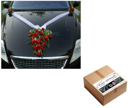 Spitze STRAUß Auto Schmuck Braut Paar Rose Deko Dekoration Autoschmuck Hochzeit Car Auto Wedding Deko PKW (Rot 2)