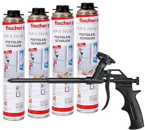 fischer Aktionspaket Pistolenschaum PUP S 750 mit Schaumpistole PUP M4 BLACK, 4 Montageschäume zum Verfüllen, Dämmen & Isolieren und 1 Schaumpistole zum Verarbeiten von PU-Schäumen im Set