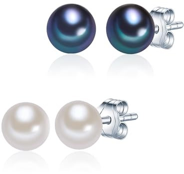 Valero Pearls Damen-Perlenohrringe 2er Set Süßwasser Zuchtperle weiß blau 925/- Sterling Silber - Perlenohrstecker Ohrstecker Süßwasserperlen Stecker