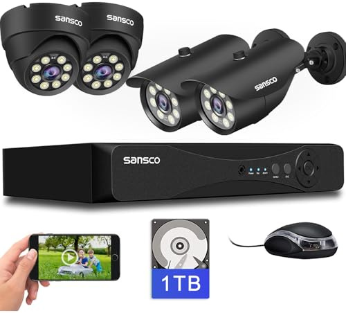 SANSCO 5MP 8CH CCTV Security System, Dual-Camera Bundle with 2 Dome & 2 Bullet Cameras with 1TB HDD DVR, UK Plug, Human/Vehicle/Face Detection, Full Color Night Vision, IP66 Weatherproof