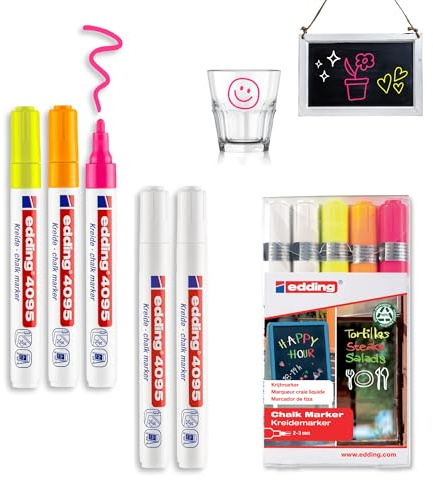 Edding 4095-5-999 - Estuche con 5 Marcadores de Tiza Líquida para Pizarras y Vidrio - Punta Redonda 2-3 mm - Multicolor Neon
