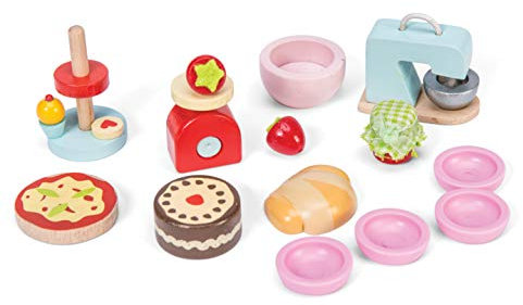Le Toy Van Puppenhaus-Zubehör-Set aus Holz mit Mixer, Kuchen, Tortenständer, Pizza, Schüsseln, Waagen