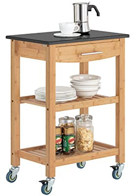 SoBuy FKW28-SCH, Bamboo Kitchen Trolley Cart Kitchen Storage Trolley Serving Trolley with Black Granite Countertop