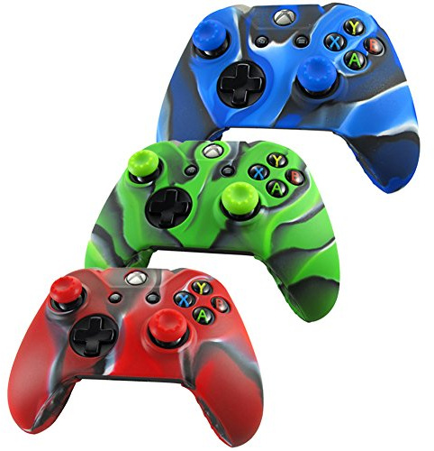 Pandaren® silicone skin for Xbox One controller x 3 + thumb grip x 6 (camouflage red green blue) by Pandaren