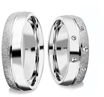 Eheringe Verlobungsringe Paar-Preis Trauringe Freundschaftsringe Silber 925 AMOONIC mit Zirkonia Ringpaar Partnerringe Weißgold Platin Optik Hochzeitsringe 6mm matt FF382SS925ZIFA-5060