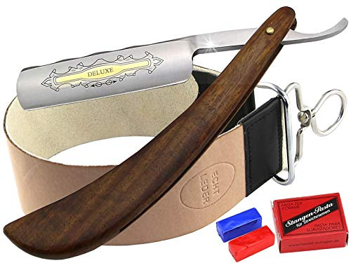 Nassrasur Set 3-Teilig mit Leder Streichriemen & Schleifpaste aus Solingen | Rasiermesser-Set für eine klassische Nass-Rasur für zu Hause wie beim Barbier
