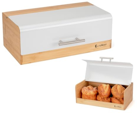 EliteHoff Brotkasten Bambus Metall, Brotbox Rechteckig ca. 36 x 20 x 14 cm, Brotbox mit Klappdeckel, Brotaufbewahrung Modern, Lebensmittelecht (Weiß)