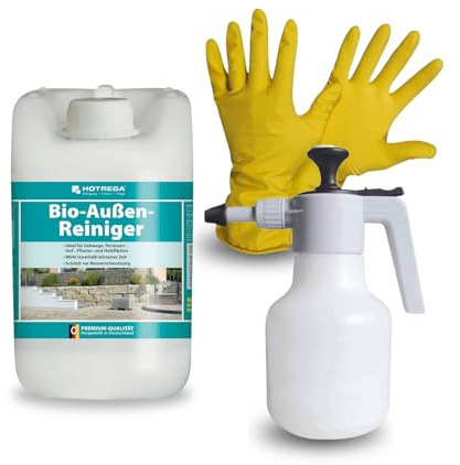 HOTREGA Bio-Außenreiniger 5 L | Stein- & Holzreiniger Konzentrat für | Selbsttätige Tiefenreinigung von WPC, Mauer & Treppe | Inklusive Drucksprüher + Handschuhe | Schützt vor Neuverschmutzung