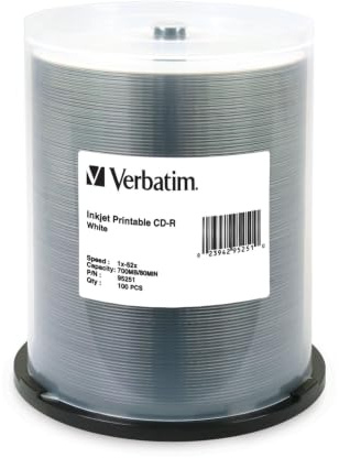 Verbatim CD-R 700MB 52X - Disco de Medios grabables para Imprimir por inyección de Tinta Blanca - 100pk husillo
