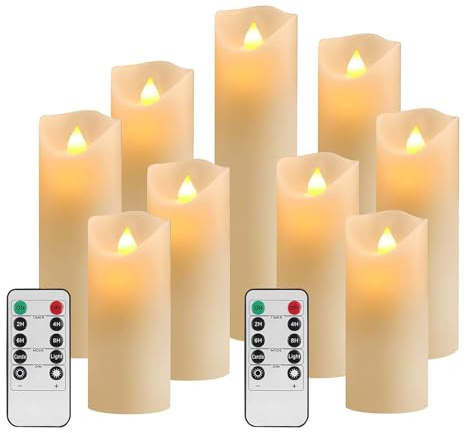 YIWER LED Kerzen Flammenlose Kerzen D2.2xH 4/5/6/7/8/9 inch Set aus 9Echtwachs 10-Tasten Fernbedienung mit 2/4/6/8-Stunden Timer,300+ StundenYIWER (Elfenbein, 9×1)