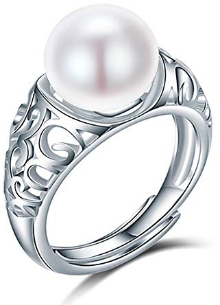 24 JOYAS Anillo Ajustable Perla Blanca con Base Tallada en Plata de Ley. Alianza Elegante de Compromiso Novios Regalo Romántico de Amor
