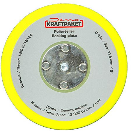 Dino KRAFTPAKET 640259 125mm-Stützteller-5/16-24 mit Klett Polierteller für Exzenter Poliermaschine 600W-8mm, 650W-9mm Hub, Gelb