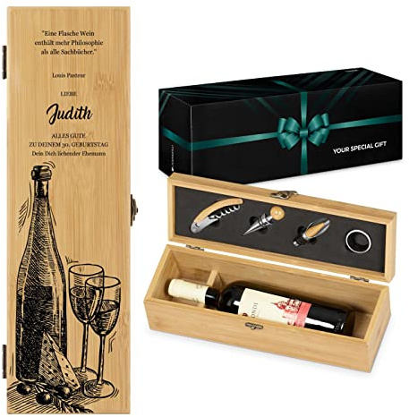 Maverton Weinbox für 0,7L Weinflasche - Wein Holzbox personalisiert + 4er Weinzubehör - Weinset Weinkiste - aus Bambus - Braun - Geschenk zum Geburtstag für Frauen - Weihnachtsgeschenke - Zitat