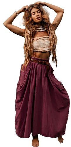 Thaluta Women's Maxi Boho Skirt with Pockets Bohemian Organic Cotton Hippie Gypsy Red