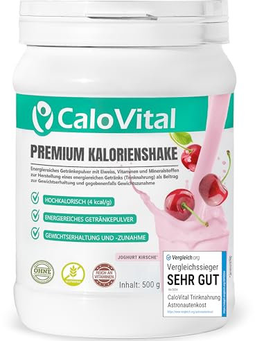 Trinknahrung hochkalorisch für Gewichtszunahme | Kohlenhydrate & Eiweiß als Kalorien Shake | Hochdosiert mit vielen Vitaminen | CaloVital - Premium Qualität aus Deutschland (Joghurt Kirsche 500g)