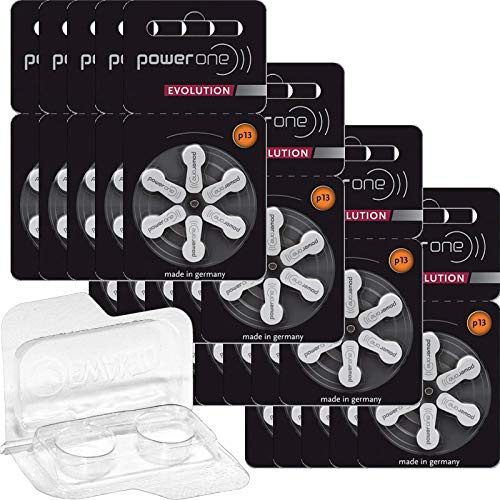 Lot de 120 piles pour appareils auditifs Power One Evolution Taille 13 1,45 V (20 x 6 blisters de 6) + boîte de rangement pour 2 piles auditives