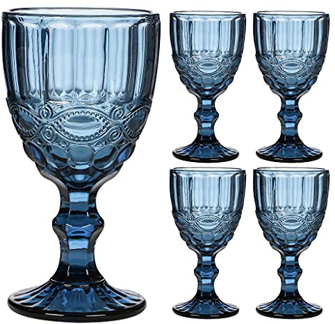 Dibor Set of 4 Wine Glasses Vintage Style Blue Embossed 300ml Wine Goblets | Dishwasher Safe, Glassware Set, Bevelled, Alfresco Dining, Tableware