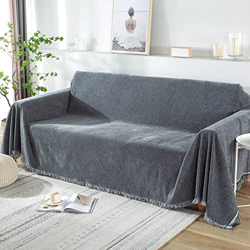 Sofa überwurfdecke für 2-/3-/4-Sitzer, sofaüberwurf decke couch überwurf Baumwolle Waschbar Anti-rutsch Schmutzabweisend Kissen couchdecke überwurf Nahtlos mit Quasten(180 x 300 cm, dunkelgrau)