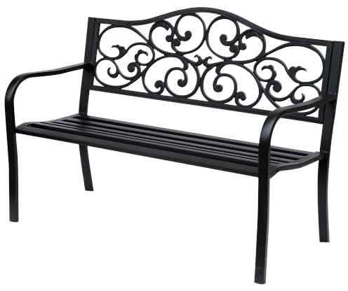 Outsunny 2-Sitzer Gartenbank mit ausziehbarem Tisch 150x58,5x90 cm Schwarz | Parkbank, Sitzbank 240kg Belastbar, Rücken- & Armlehnen, Terrassenbank, Gartenmöbel, für Terrasse, Garten