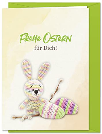 PAPIERSTROLCH 4er Set Osterkarten Frohe Ostern für Dich - Tolle Ostergrüße als Amigurumi Karte mit gehäkeltem Osterhasen und Ostereiern für Freunde, Familie, Kollegen - 4 Karten mit Umschlag