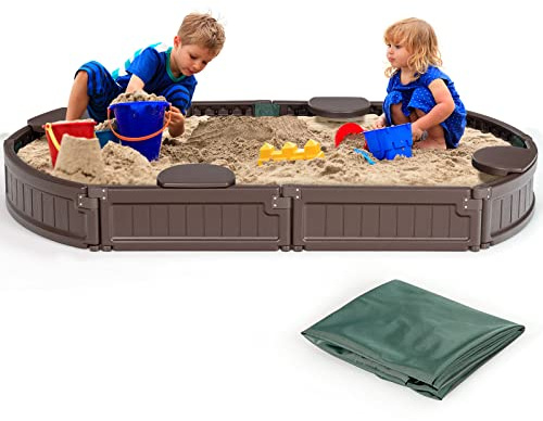 Costzon Kids Sandbox with Cover, Detachable Built-in Seating, Bottom Liner, Weather Resistant Outdoor Sandbox Kit, Child Outdoor Sand Pit for Backyard Lawn Garden Beach, Elliptical
