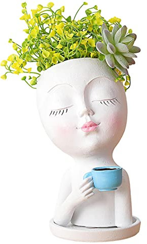 Jomewory Maceta Cara, Maceta para Beber café, Maceta Flores Resina con Ojos Cerrados y Orificio Drenaje para Chimenea Planta